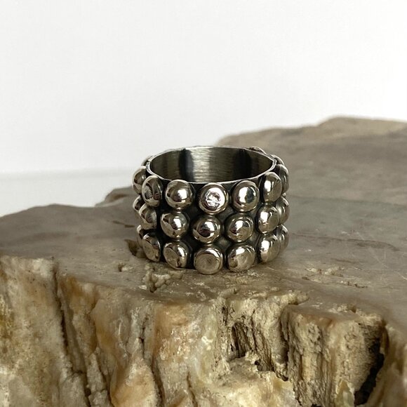 Sterling Silver 925 Mexico Chunky Dots Bubble Bead Ball Wide Band Ring Sz 5.75 - Picture 11 of 15